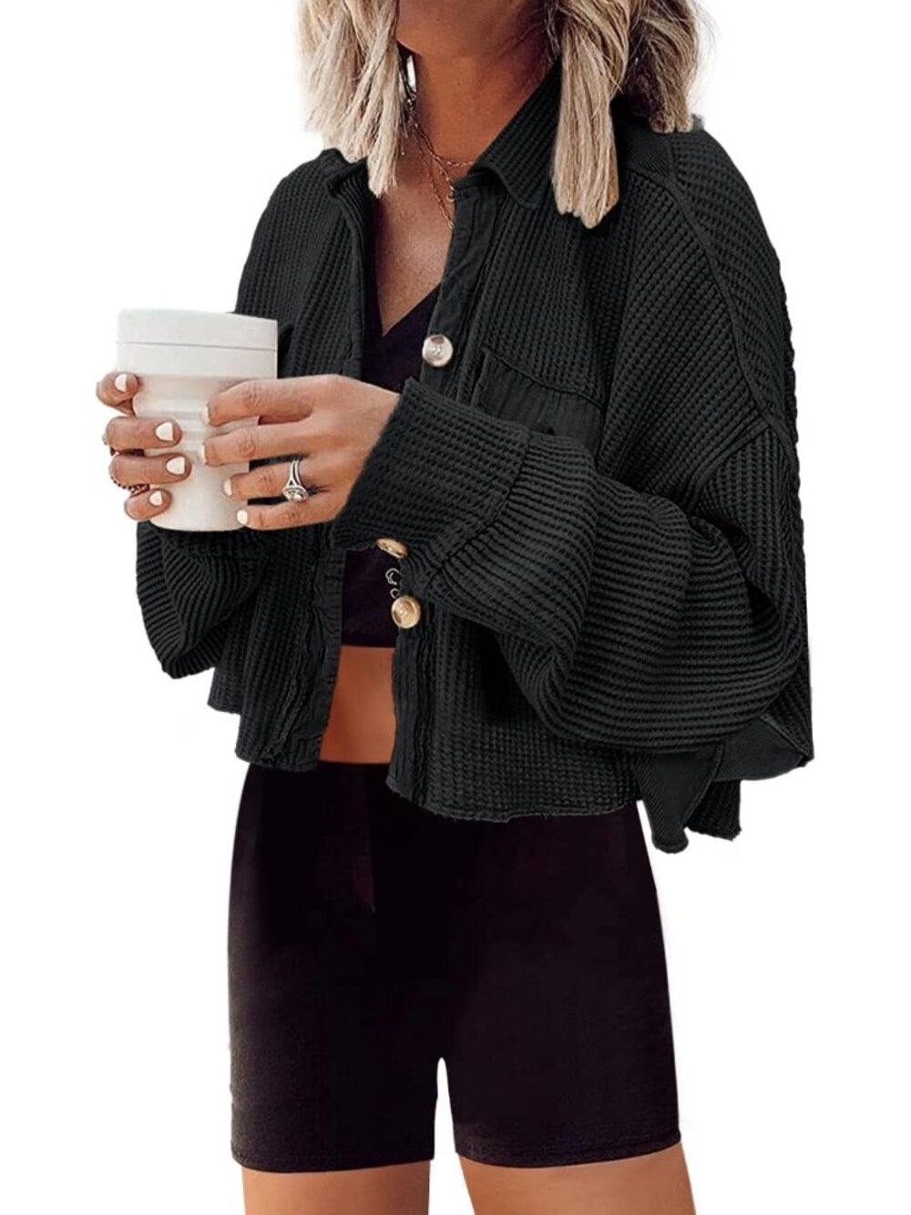 Women's Black Cropped Waffle Knit Button Down Batwing Sleeve Cardigan Jacket
